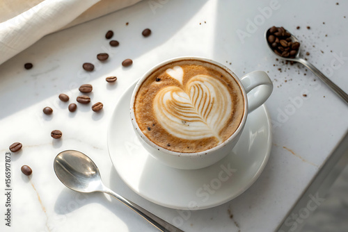 A heartshaped latte art in a white cup sits on a white table with coffee beans scattered around