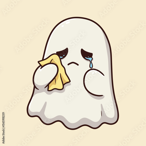 Black-and-white line art of a cartoon ghost wiping tears with a cloth, featuring a sad expression and drooping eyes—capturing an unexpectedly emotional twist on a spooky character.