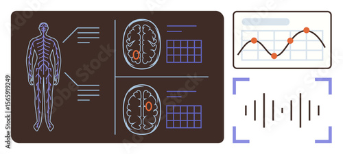 Human body outline, brain scans with marked sections, data graph, and soundwave visualization. Ideal for healthcare, neurology, diagnostics, research, medical tech data analysis and innovation