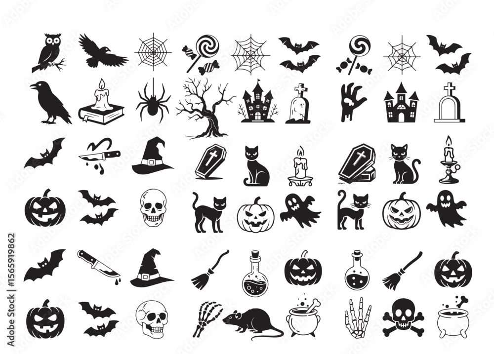 Naklejka premium Halloween icon set, scary symbols collection, horror holiday vector sketches, Spooky, Halloween, Hat, Horror, logo illustrations, package isolated on white background .