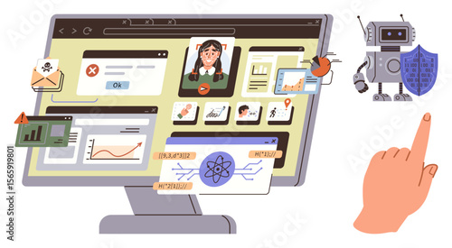 Wallpaper Mural Desktop screen with charts, notifications, video call, email alerts, and cybersecurity robot. Ideal for technology, data management, cybersecurity, online communication AI education innovation Torontodigital.ca