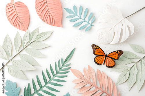 A monarch butterfly rests on pastel paper leaves isolated on white background