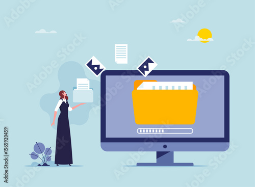 Concept of sharing file or transfer folder data. Digital file moving to cloud, employee with folders transfer send files via wireless technology