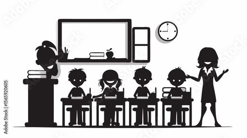 A classroom scene featuring a teacher and students at desks with books and a blackboard on the wall silhouette