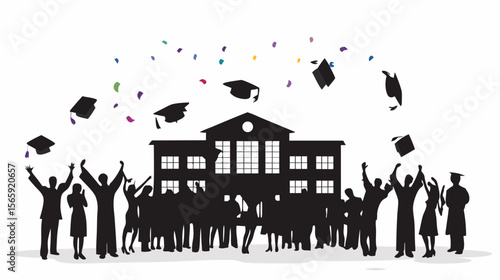 Silhouette of graduates celebrating in front of a building with graduation caps and confetti in the air