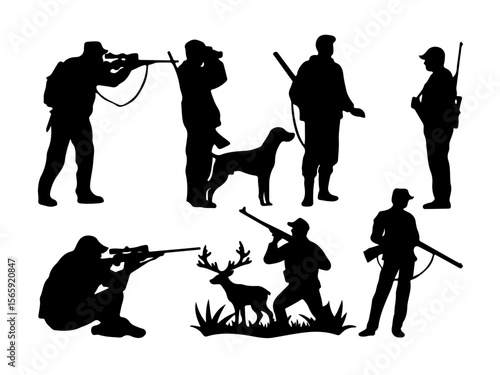 Silhouettes of Hunters with Rifles and Hunting Dogs in Action Poses