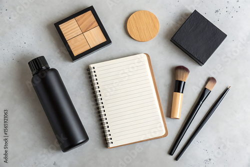 A black bottle, notebook, and makeup brushes rest on a gray surface