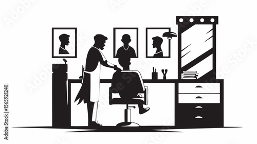 Silhouette of a barber giving a haircut to a customer in a barbershop with framed portraits on the wall