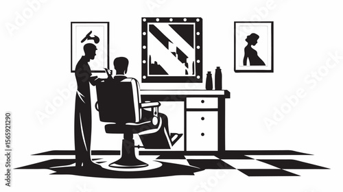 Barber is cutting the hair of a client sitting in a chair in a barber shop with mirror and artwork on walls silhouette