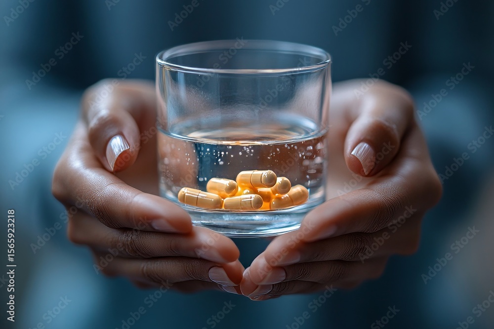 Healthcare harmony: Close-up hands holding medication and a glass of water for optimal wellness and mental health care, Generative AI Healthcare harmony: Close-up hands holding medication and a glass of water for optimal wellness and mental health care, Generative AI