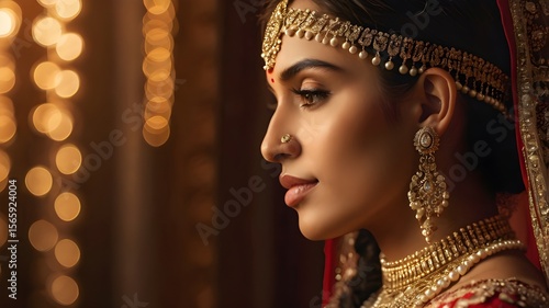 Side profile of an Indian bride wearing elaborate bridal jewelry, including a nath (nose ring with chain), pearl-draped matha patti, and choker necklace,Generative Ai
