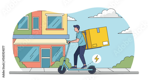 Electric Scooter Courier Delivering a Package Through a Colorful Urban Neighborhood on a Sunny Day