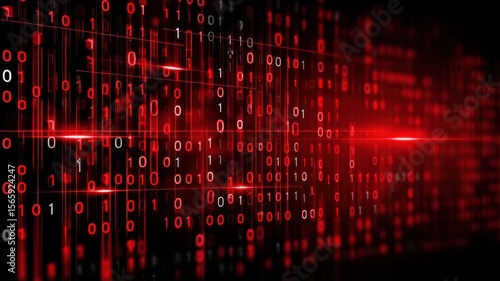 Wallpaper Mural Data leak, spyware. Digital binary code streams in red against a dark background, symbolizing technology and data. Torontodigital.ca