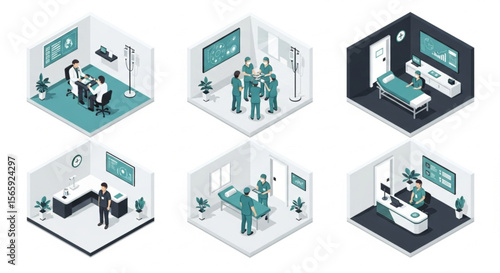 Isometric Medical Clinic Vector Illustrations Doctor, Nurse, Patient, Hospital, Healthcare