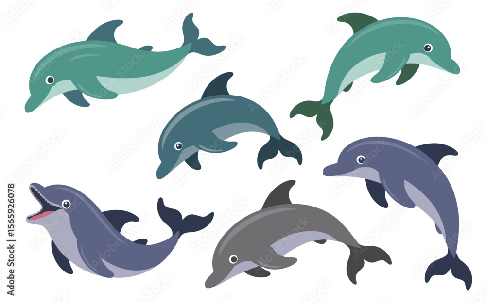 Cartoon Dolphins in Varying Shades of Blue and Green on a White Background Cartoon Dolphins in Varying Shades of Blue and Green on a White Background