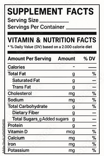 Blank Supplement Facts nutrition label template. Vector graphic for product packaging design isolated on a white background.