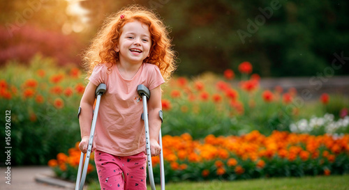 Young girl with crutches smiling while walking in a flower garden  