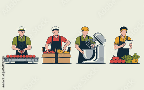 Cartoon Illustration of Farmers Processing Vegetables with Conveyor Belts, Mixer, and Clipboards