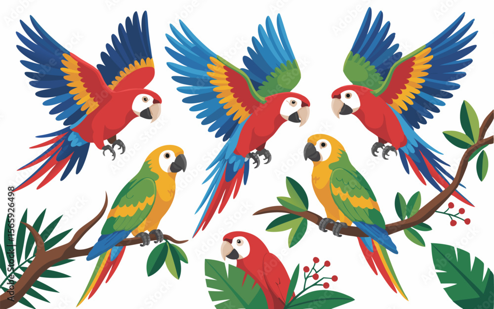 Fototapeta premium Cartoon Macaws and Parrots Flying and Perched on Branches with Tropical Leaves Illustration