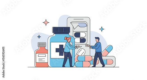 Healthcare professionals managing prescription medications and pharmaceutical products in a modern clinic setting with a focus on patient care and treatment
