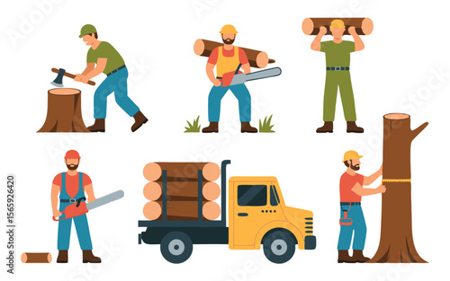Cartoon Lumberjacks Harvesting Trees, Carrying Logs, Measuring, Sawing and Loading Timber onto a Truck