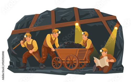 Cartoon Miners Working in Coal Mine with Cart, Pickaxe, and Map, Underground Illustration