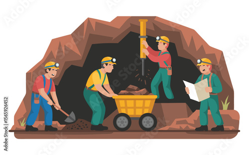Cartoon Miners Working in a Mine Shaft with Cart and Drill Tool