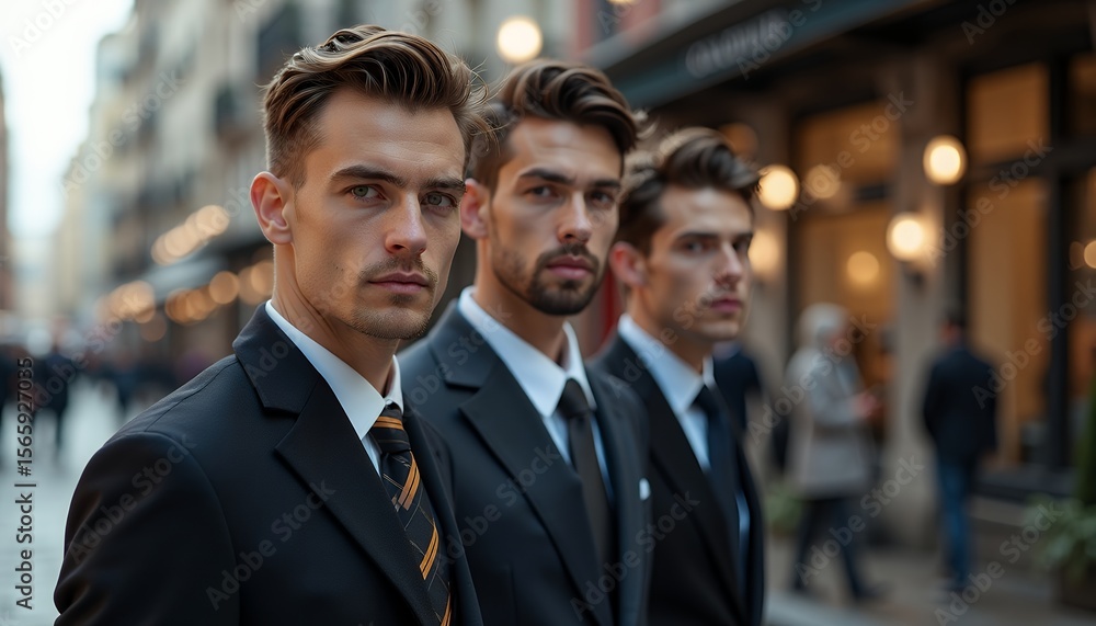 Three Men in Suits on a City Street Three Men in Suits on a City Street