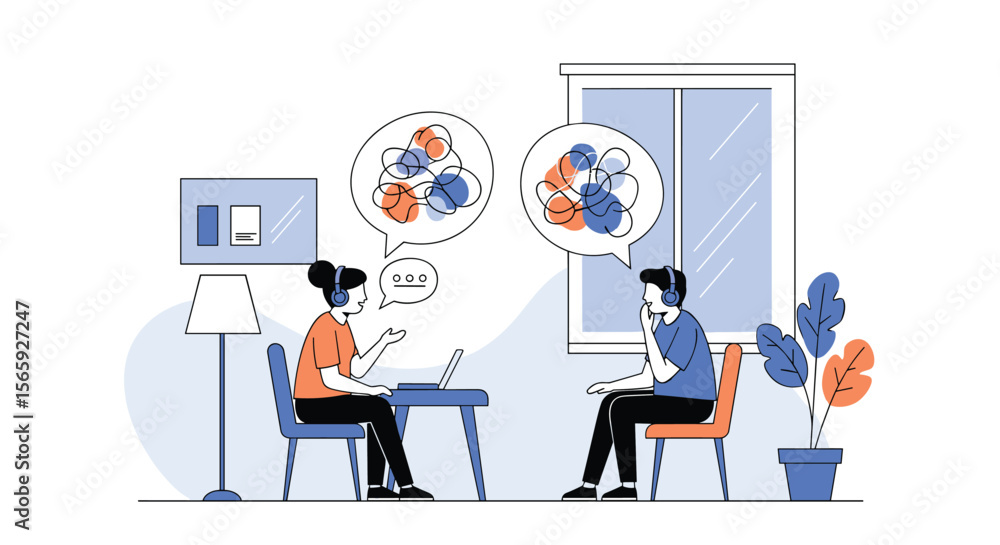 Illustration of two people in a conversation with thought bubbles showing complex interconnected ideas and data points representing understanding and communication Illustration of two people in a conversation with thought bubbles showing complex interconnected ideas and data points representing understanding and communication