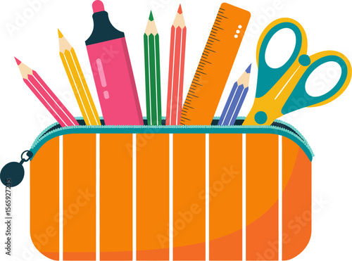 Colorful pencil case filled with school supplies for kids back to school stationery illustration