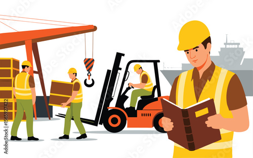 Dock Workers, Forklift, Crane, and Cargo Ship in a Art Illustration
