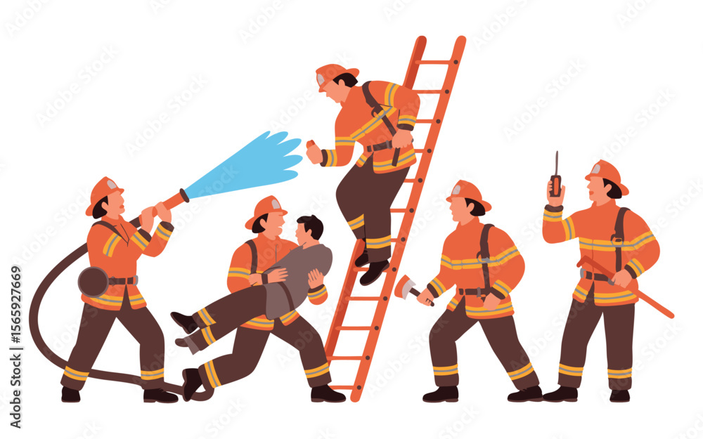 Obraz premium Firefighters in Action Rescuing Person, Using Hose, Climbing Ladder, and Communicating Teamwork