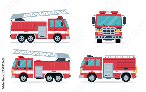 Fire Truck Illustration Side, Front, and Rear Views of Emergency Vehicle Icon Set