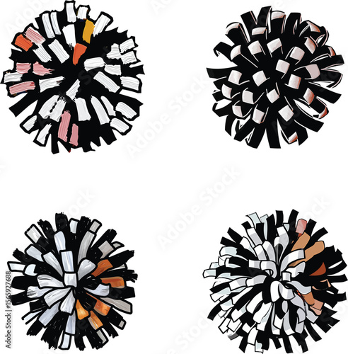 Cheerleader Pom-Poms Clipart Set - Outline, Silhouette and Color