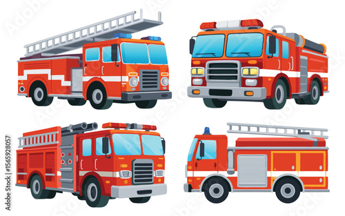 Four Stylized Red Fire Engine Trucks with Ladders on White Background Illustration
