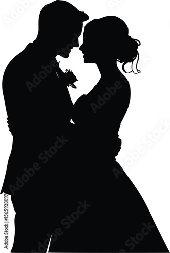 Romantic couple elegant vector silhouette, loving embrace, wedding design.