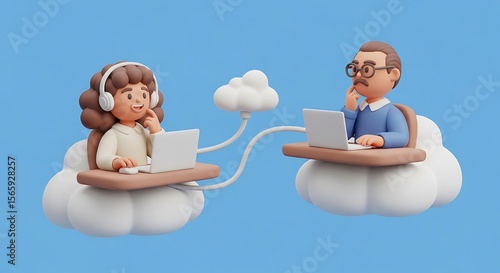 Two cartoon figures collaborate remotely, connected by a cloud, using laptops.