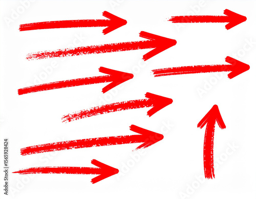 Red hand drawn arrows pointing in various directions with one arrow directed upwards on a clean white background for concepts.