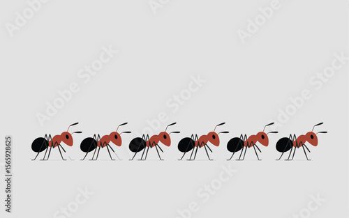 Illustration of a Line of Cartoon Ants Walking on a Gray Background Surface