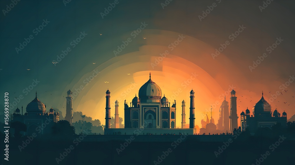 Naklejka premium Serene sunset at the Taj Mahal evokes timeless romance and wonder with dramatic teal orange gradient artistic vector