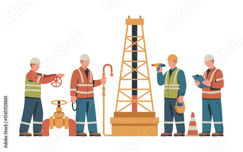 Oil and Gas Workers Inspecting and Maintaining Equipment at a Drilling Site Illustration