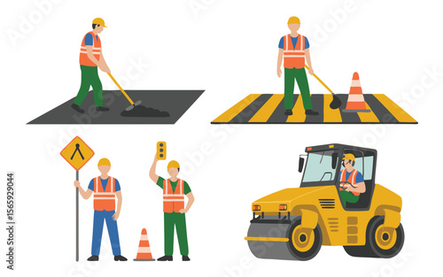 Road Construction Crew Men Working on Asphalt with Roller, Safety Cones, and Crossing Sign