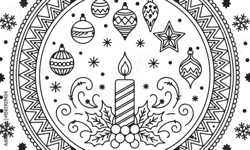  Intricate Christmas candle mandala with ornaments, holly leaves, and snowflakes in festive line art style