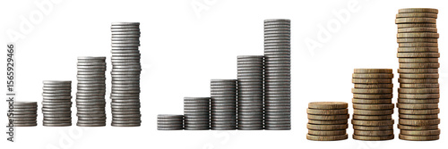 Stacked coin tower, rising metal and bronze coins symbolizing economic growth and financial success