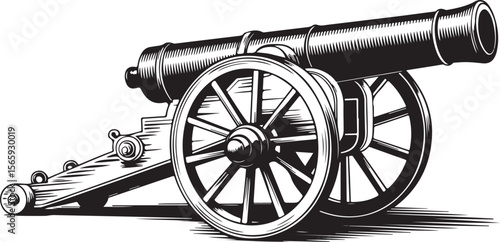 Detailed vintage cannon illustration with spoked wheels and historic barrel in engraved black and white style