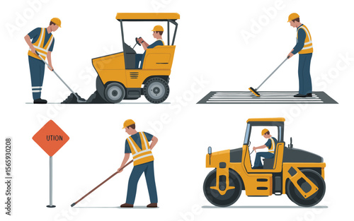 Workers and Yellow Road Rollers Performing Asphalt Paving Operations with Caution Sign Illustration