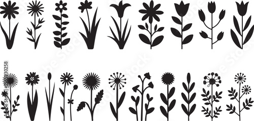  Collection of black and white flower silhouettes including daisies, tulips, sunflowers, roses, irises, and more, arranged in a neat grid for a cohesive and minimalist floral design.
