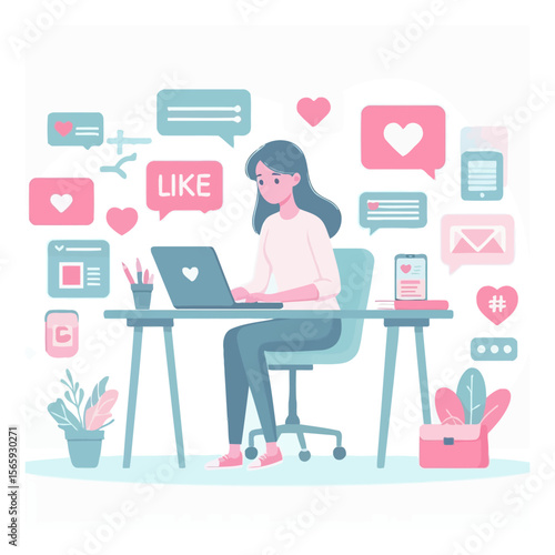 A woman sits at her desk using a laptop, surrounded by floating social media icons like hearts, messages, and notifications.