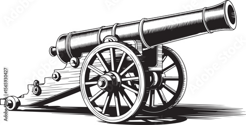 Detailed vintage cannon illustration with spoked wheels and historic barrel in engraved black and white style