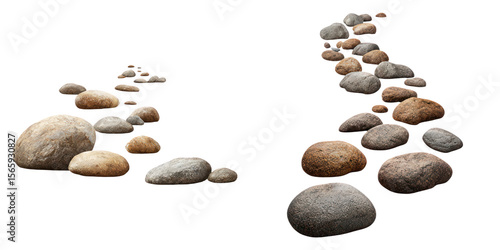 Smooth natural stone pathway with various sizes and colors of rocks arranged in two lines
